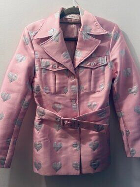 Lisou Lucille Icy Pink Silver Heart Print Silk Lined Belted Jacquard Jacket 6